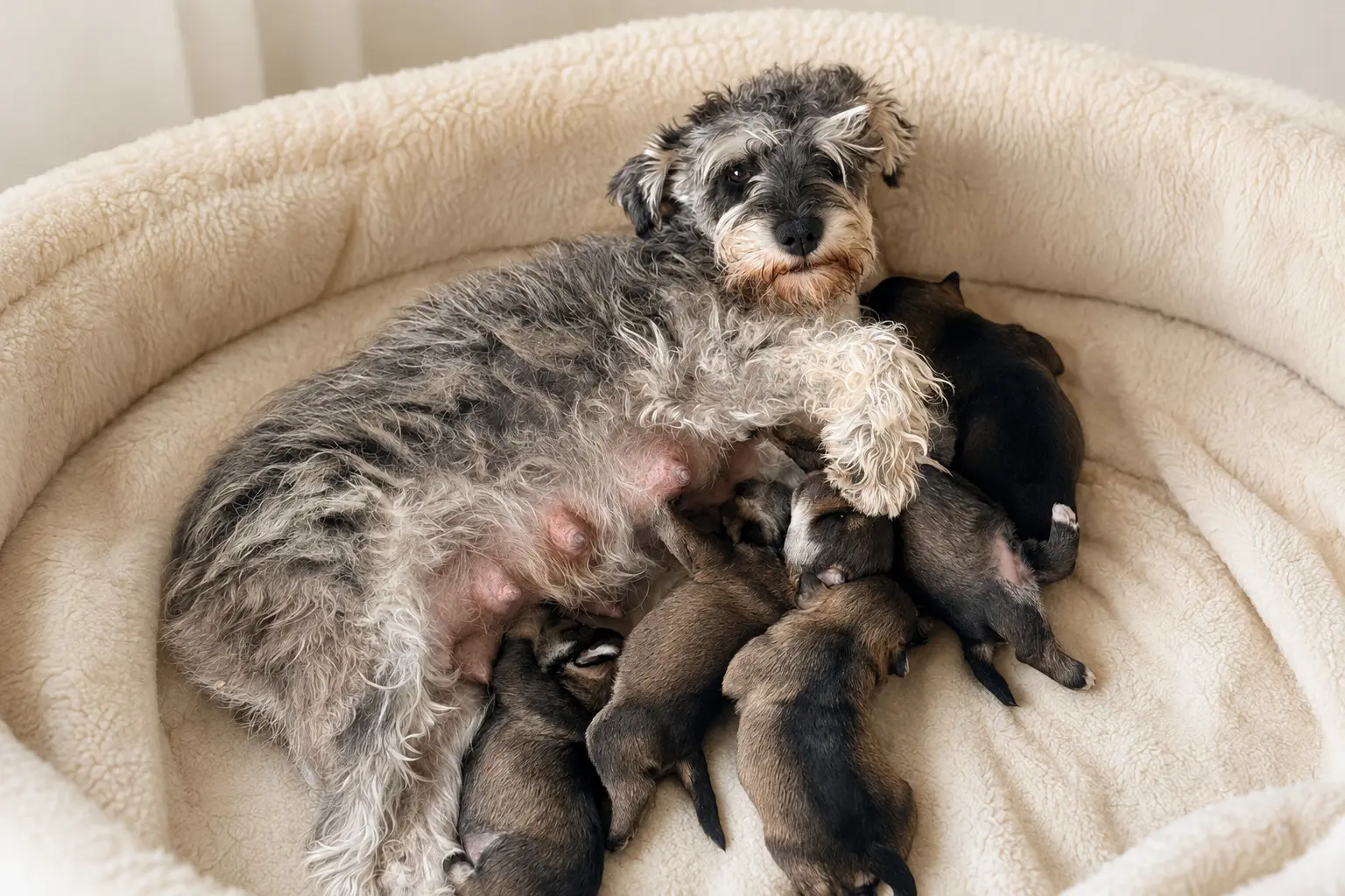 Mini schnauzer mother nursing her newborn puppies